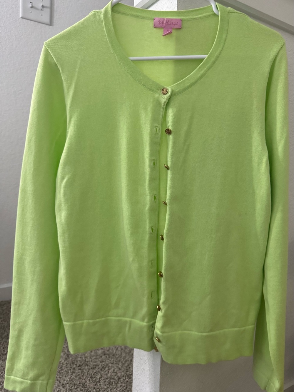 Lilly Pulitzer Neon Lime Green Crewneck Cardigan with Gold Buttons